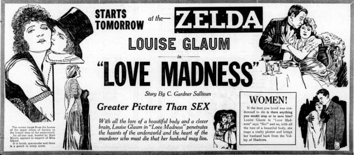 Newspaper advertisement for the American drama film Love Madness