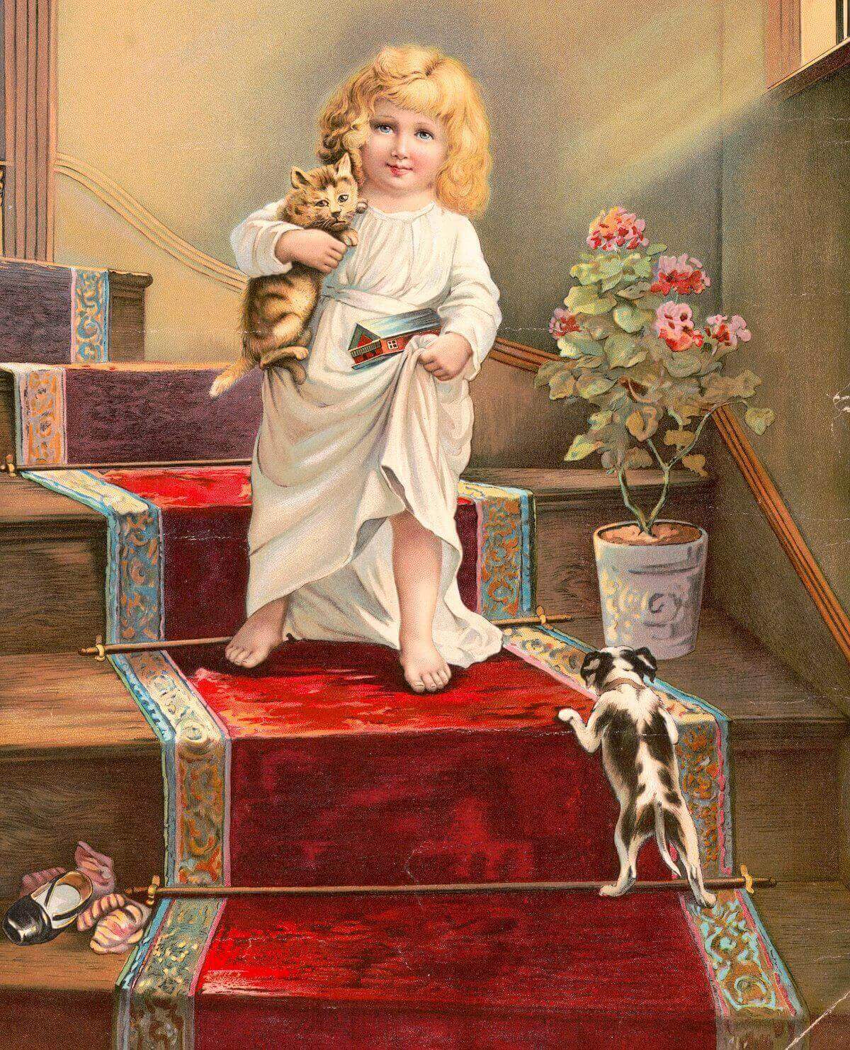 A philosopher her cat and her dog ascend the staircase of love.